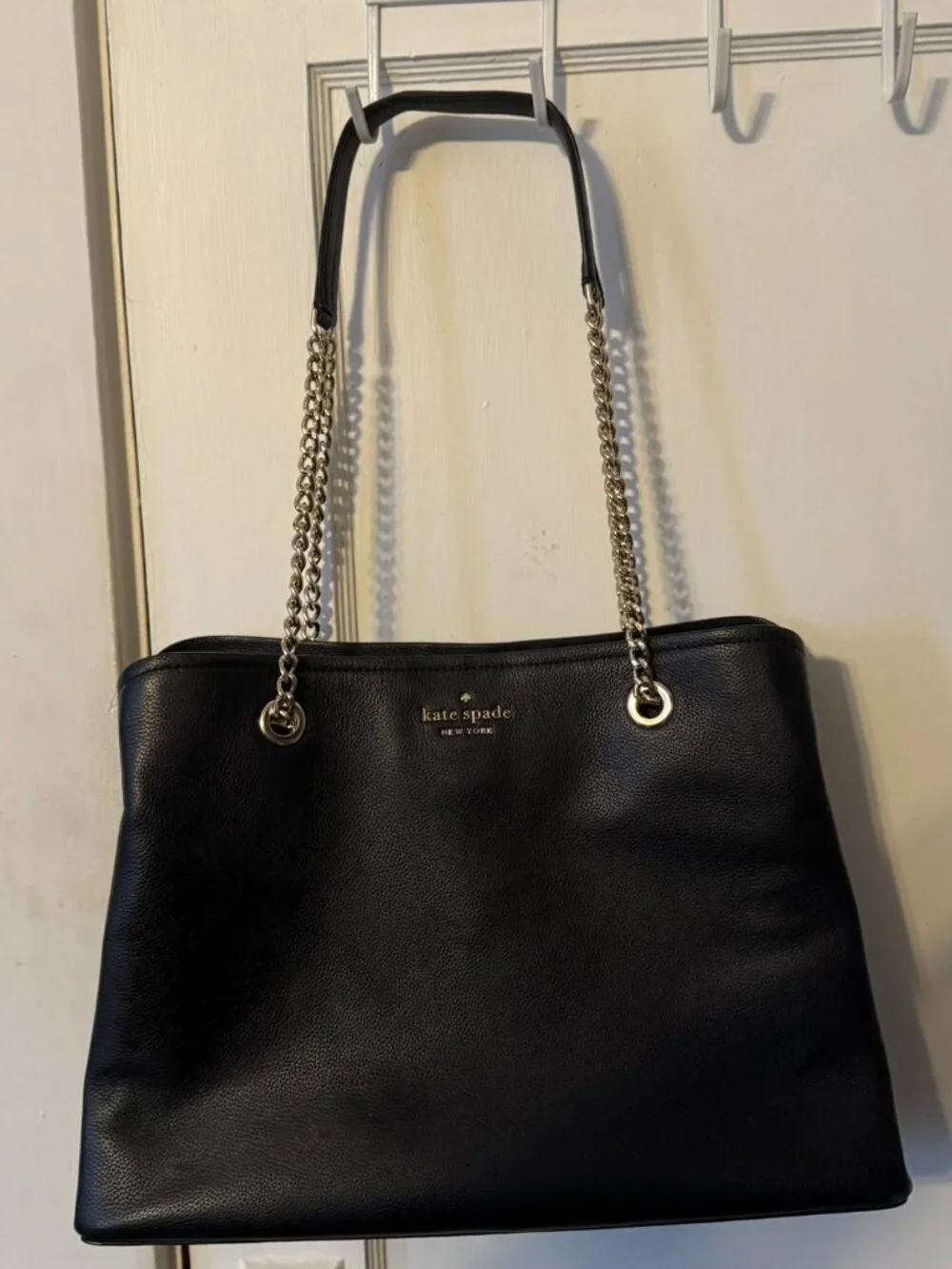 Kate Spade Black Leather Tote Purse with Gold Chain Link Straps